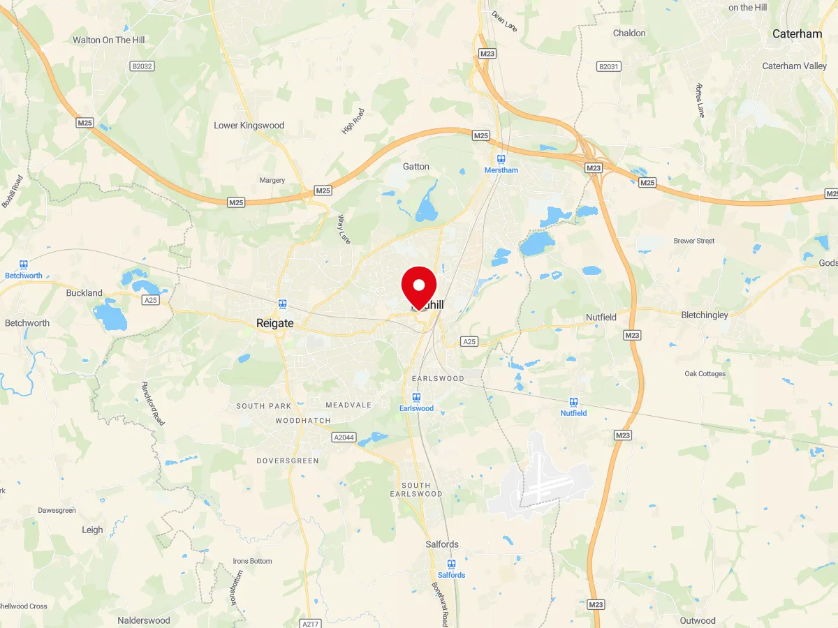 Map of Redhill, Surrey — MyCarGlass mobile windscreen replacement and repair service area
