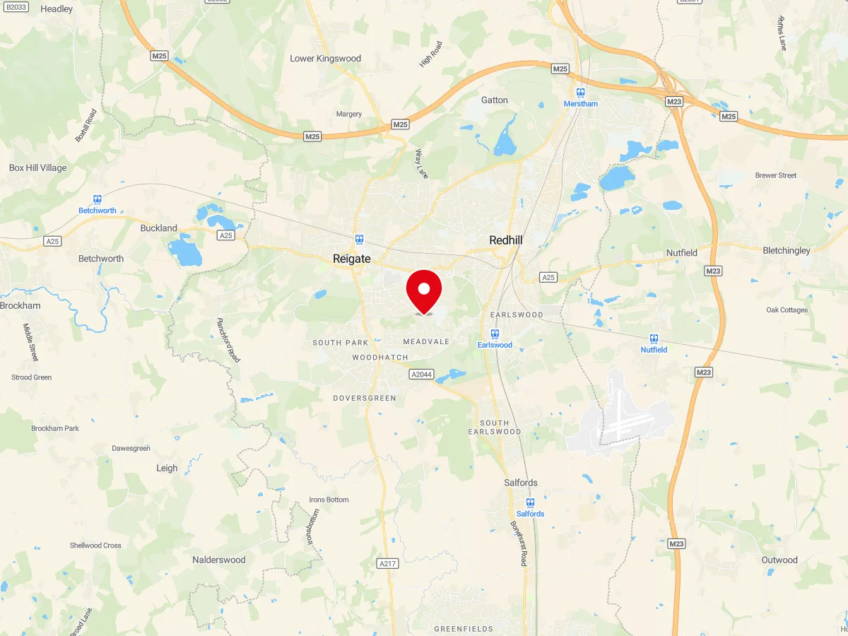 Map of Reigate, Surrey — MyCarGlass mobile windscreen replacement and repair service area