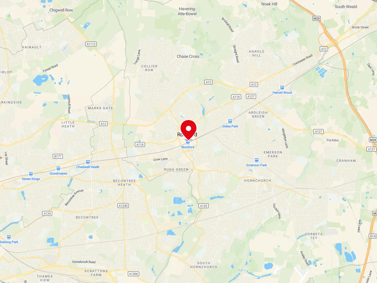 Map of Romford, East London / Essex — MyCarGlass mobile windscreen replacement and repair service area