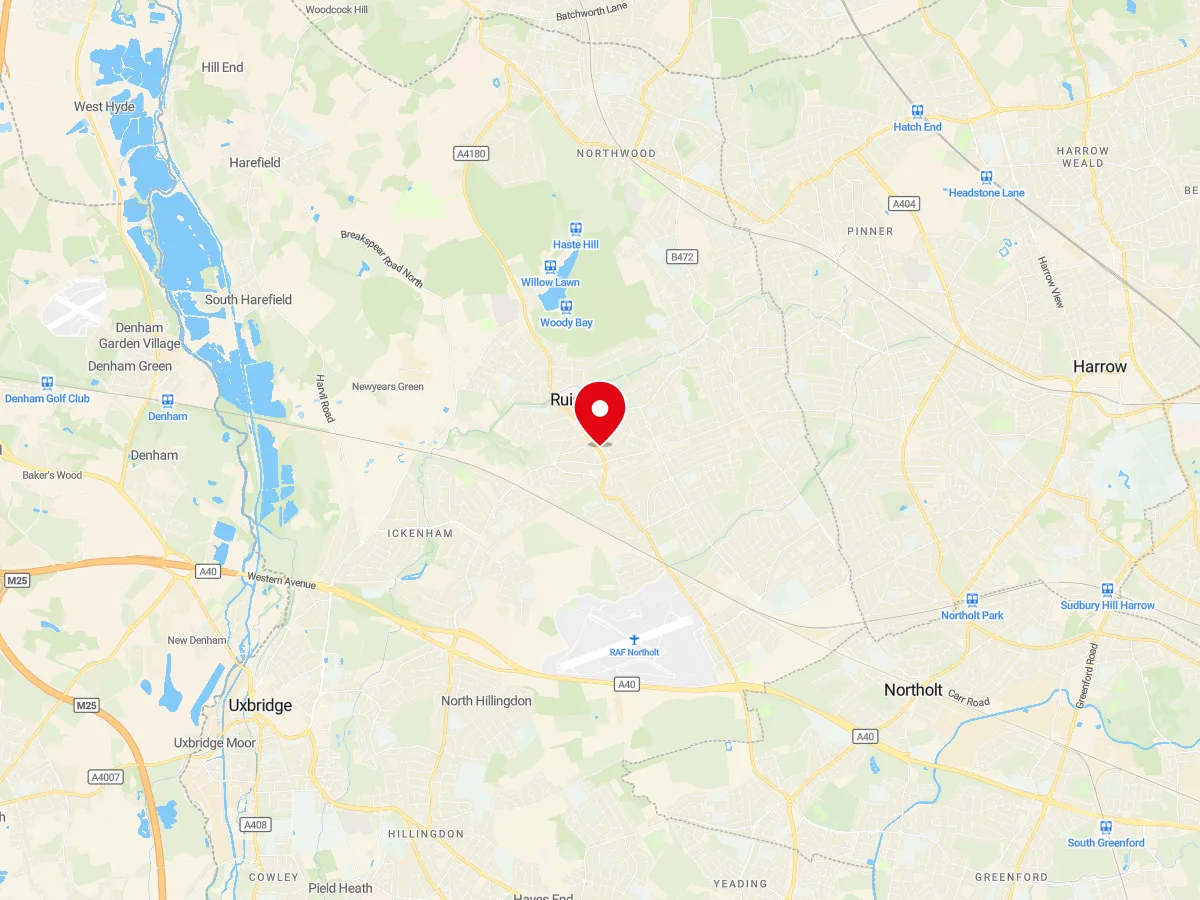 Map of Ruislip, NW London / Middlesex — MyCarGlass mobile windscreen replacement and repair service area