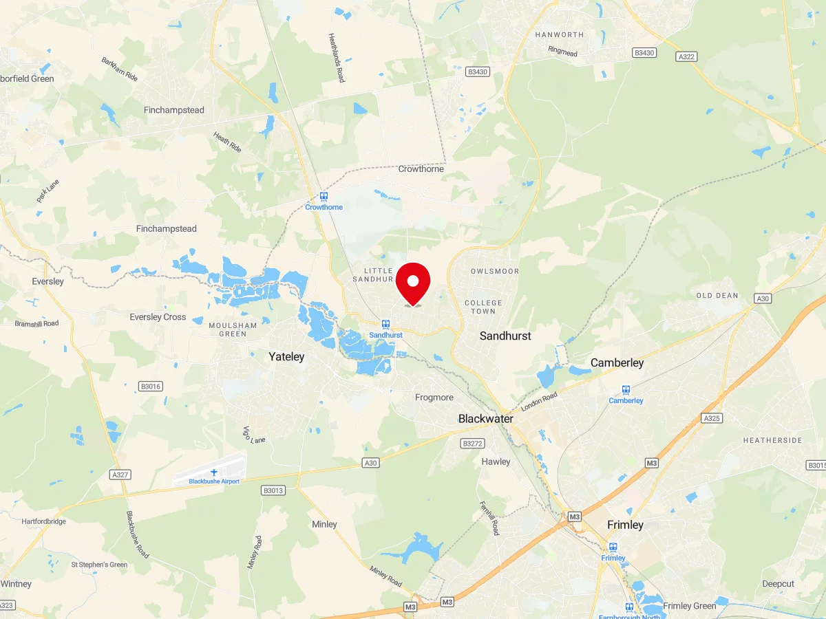Map of Sandhurst, Berkshire — MyCarGlass mobile windscreen replacement and repair service area