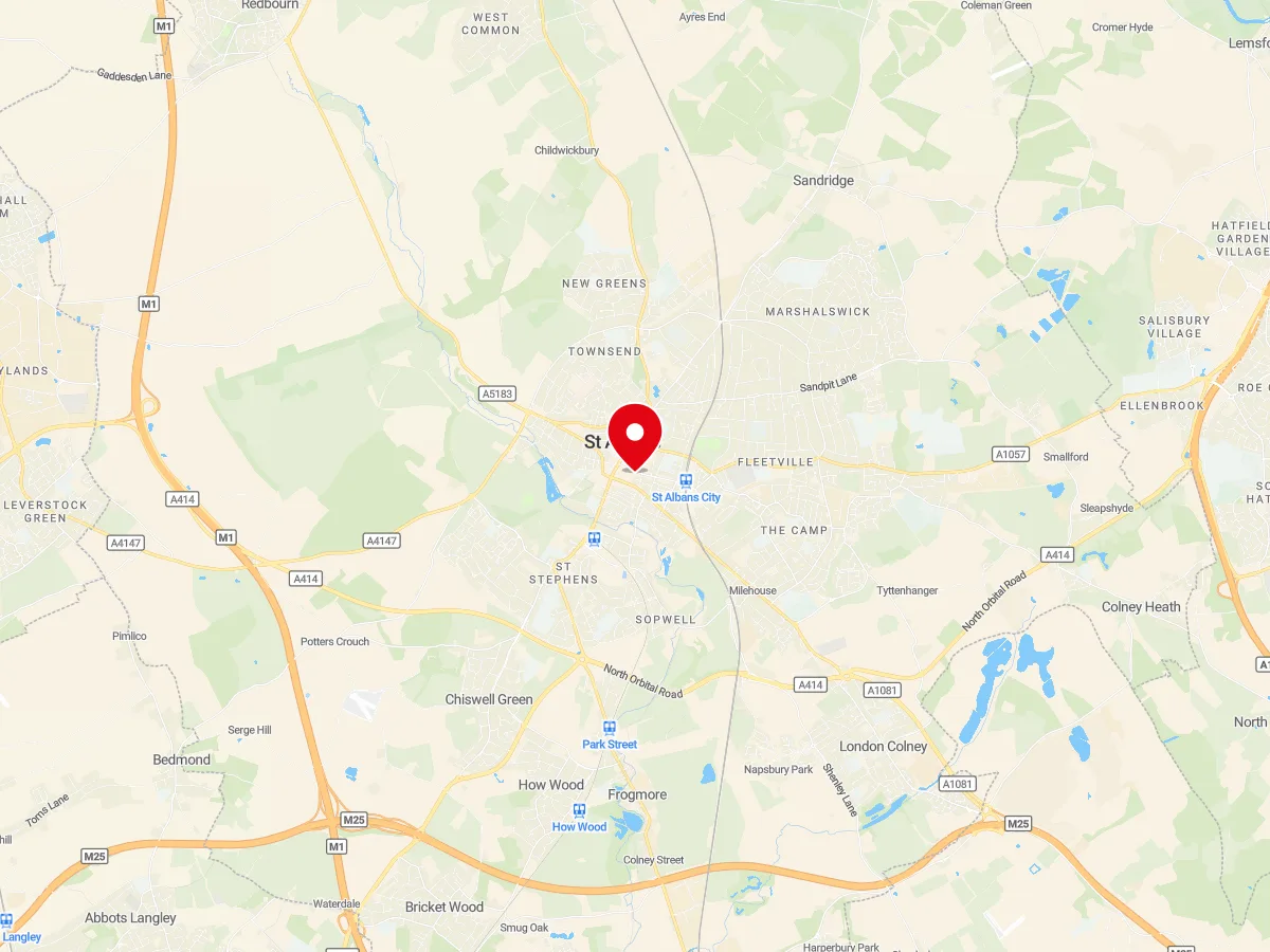 Map of St Albans, Hertfordshire — MyCarGlass mobile windscreen replacement and repair service area