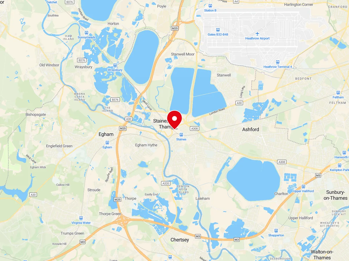 Map of Staines, Surrey — MyCarGlass mobile windscreen replacement and repair service area