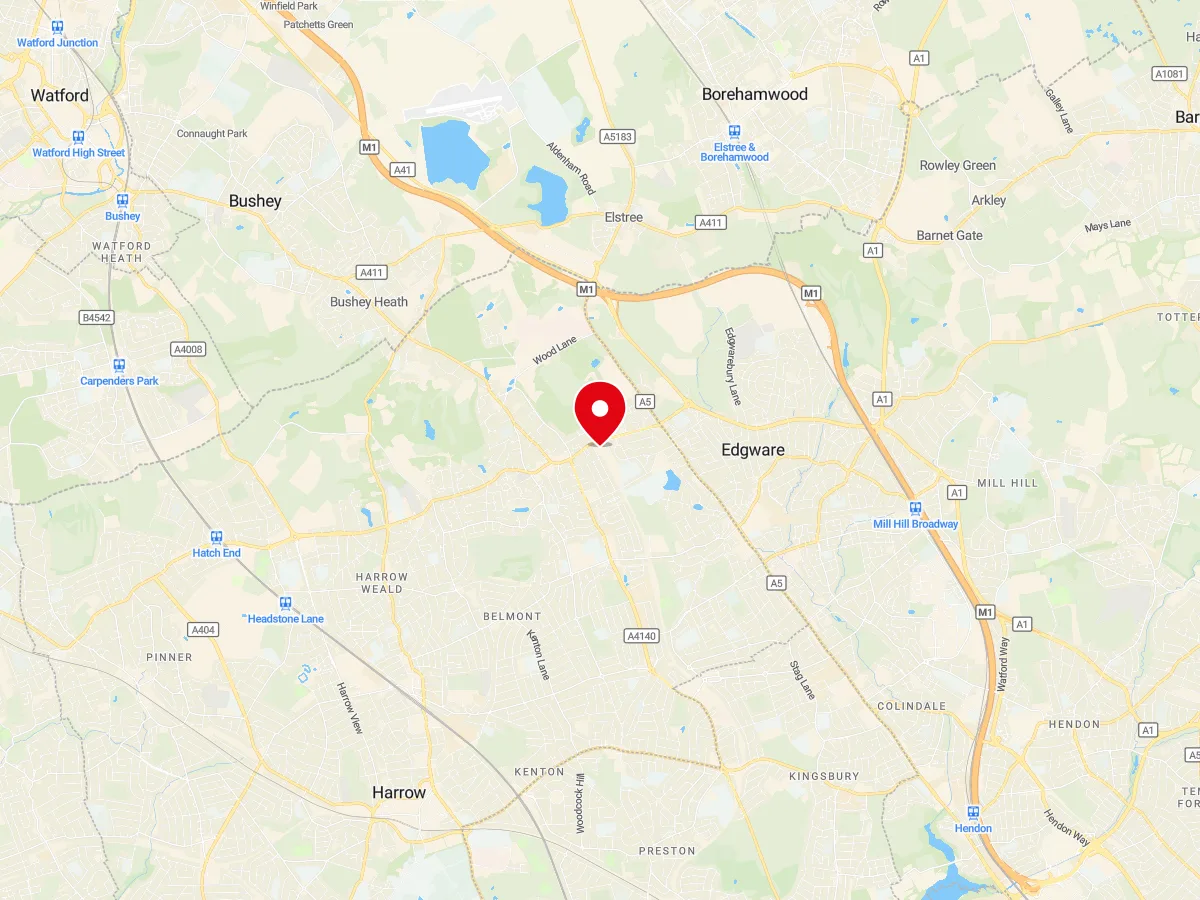 Map of Stanmore, NW London / Middlesex — MyCarGlass mobile windscreen replacement and repair service area