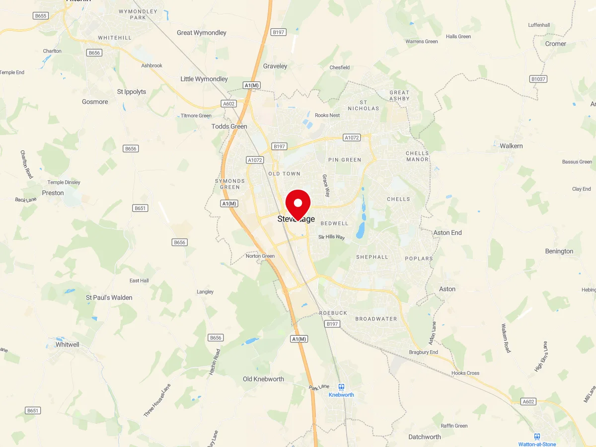 Map of Stevenage, Hertfordshire — MyCarGlass mobile windscreen replacement and repair service area