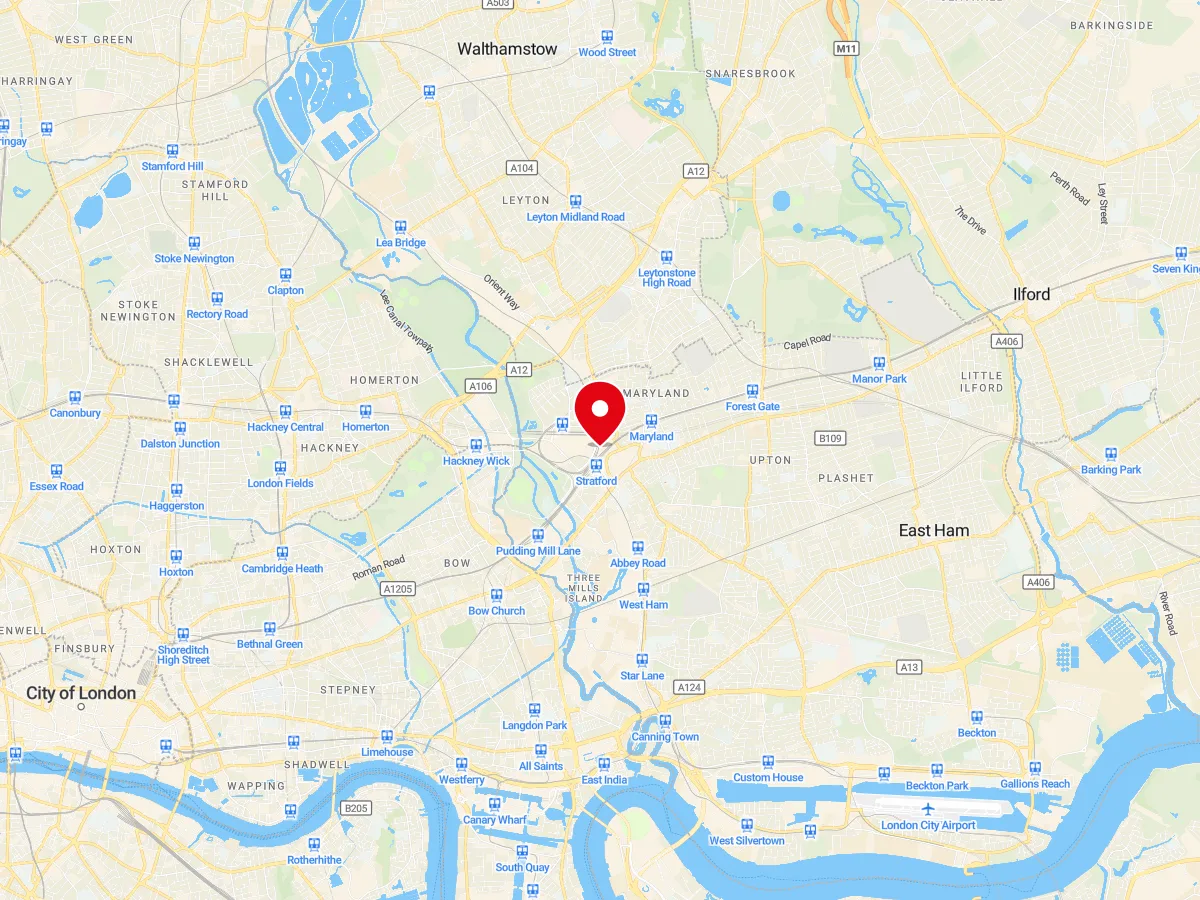 Map of Stratford, East London — MyCarGlass mobile windscreen replacement and repair service area