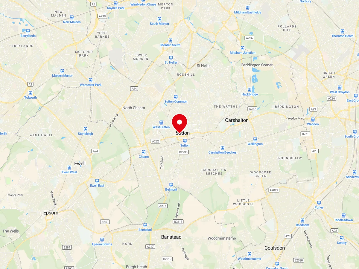 Map of Sutton, South London — MyCarGlass mobile windscreen replacement and repair service area