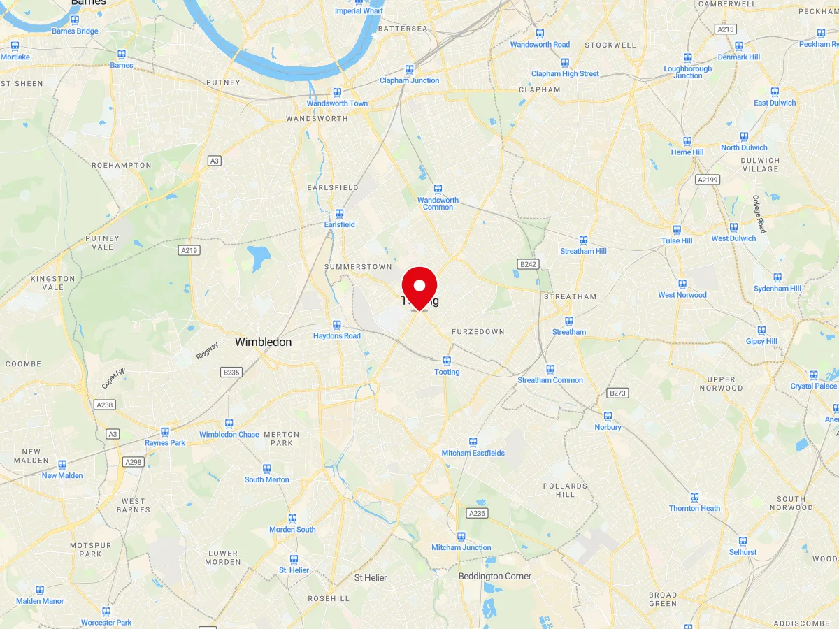 Map of Tooting, SW London — MyCarGlass mobile windscreen replacement and repair service area
