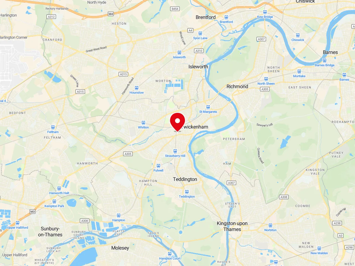 Map of Twickenham, SW London / Middlesex — MyCarGlass mobile windscreen replacement and repair service area