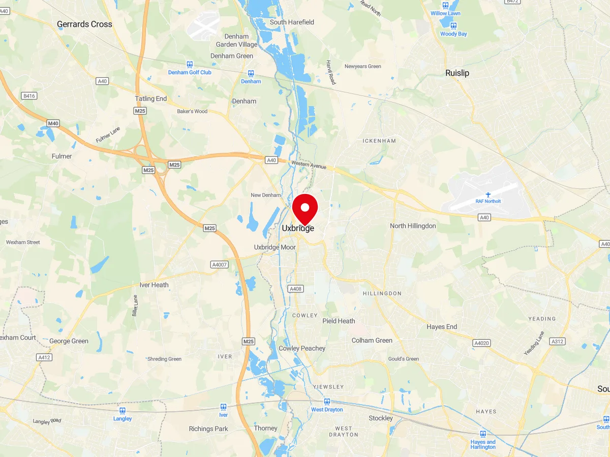 Map of Uxbridge, West London / Middlesex — MyCarGlass mobile windscreen replacement and repair service area