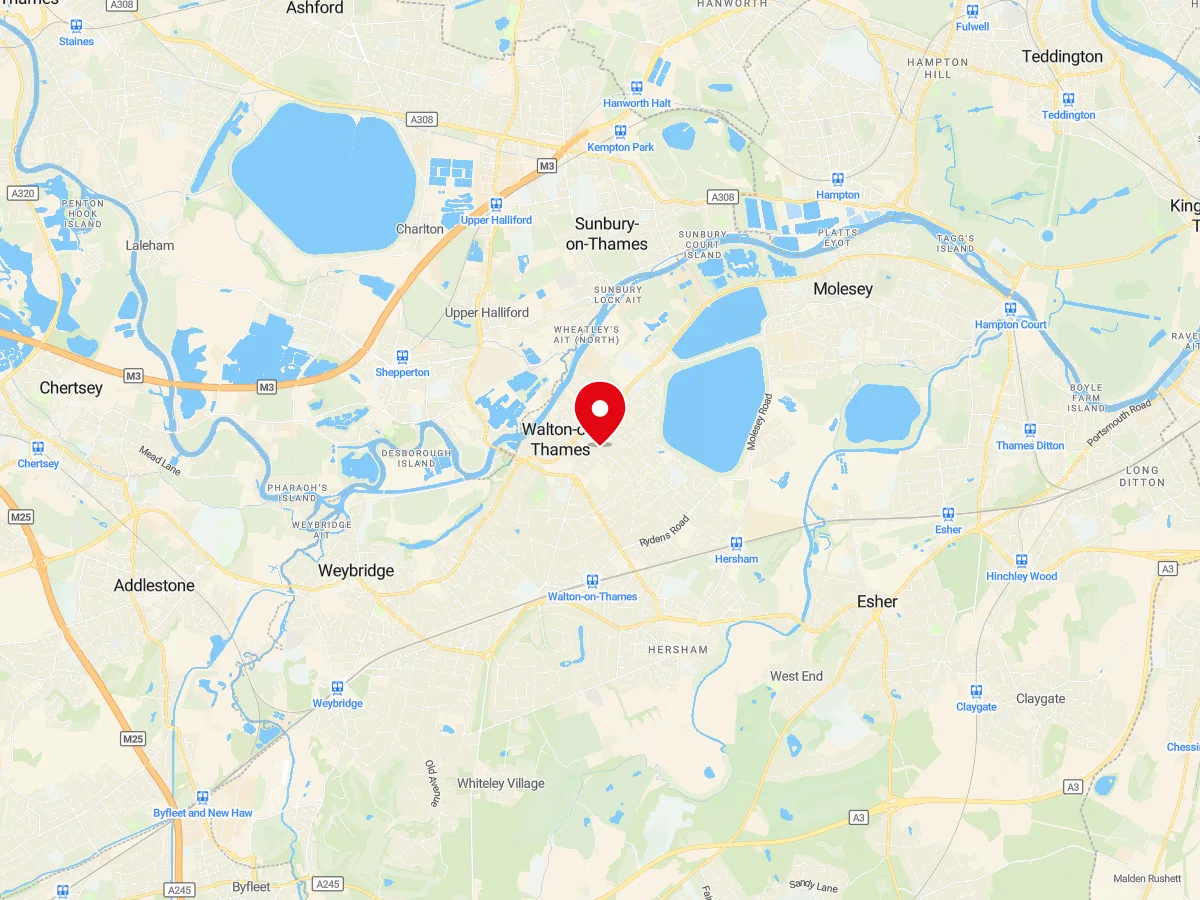 Map of Walton-on-Thames, Surrey — MyCarGlass mobile windscreen replacement and repair service area