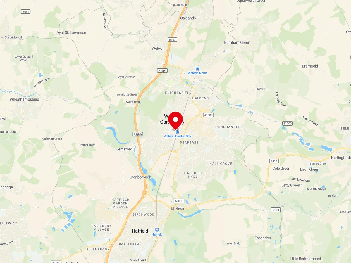 Map of Welwyn Garden City, Hertfordshire — MyCarGlass mobile windscreen replacement and repair service area