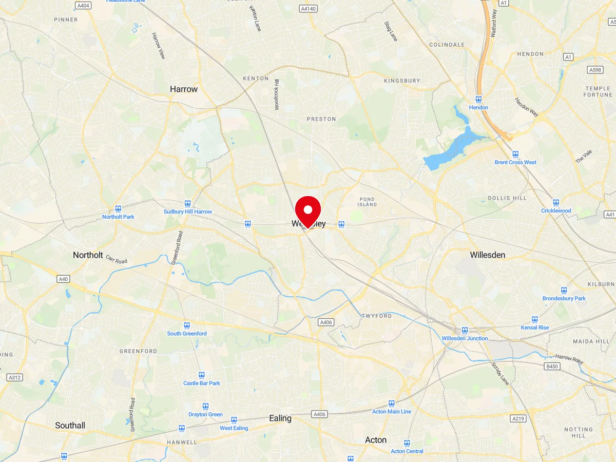 Map of Wembley, NW London / Middlesex — MyCarGlass mobile windscreen replacement and repair service area