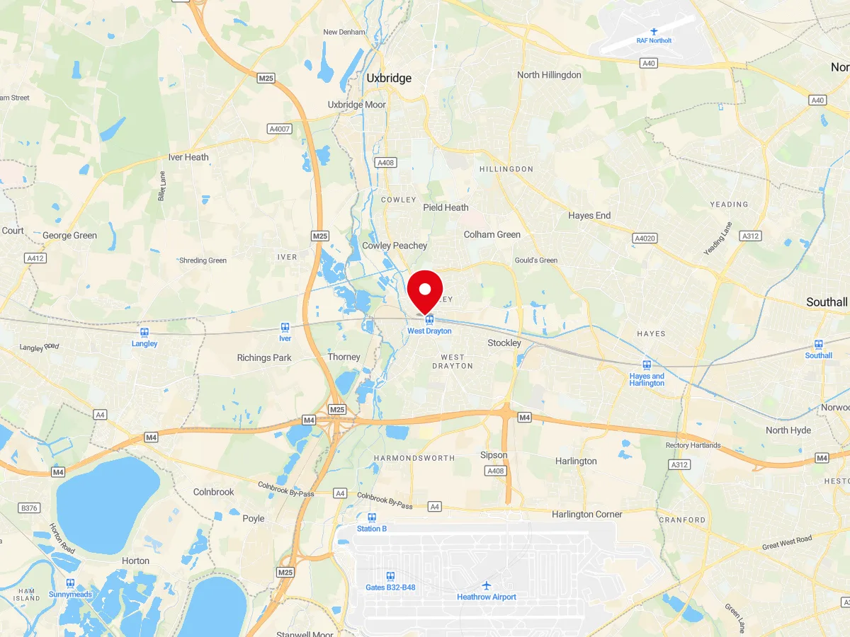 Map of West Drayton, Hillingdon/Middlesex — MyCarGlass mobile windscreen replacement and repair service area