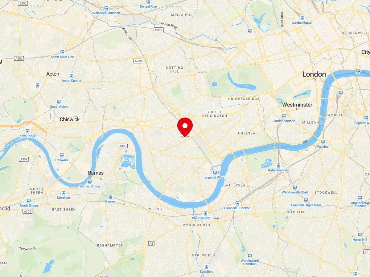 Map of West Brompton, Central London — MyCarGlass mobile windscreen replacement and repair service area