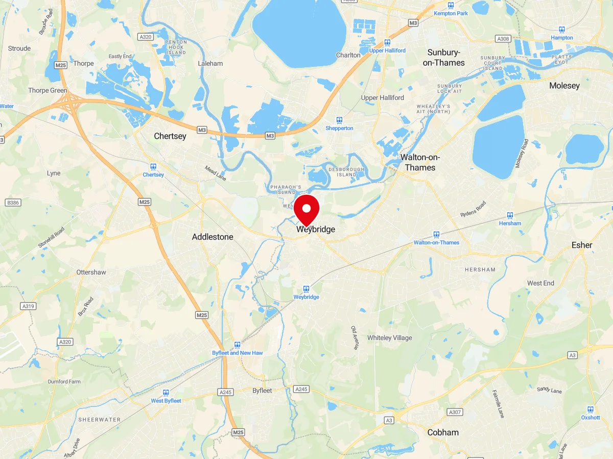 Map of Weybridge, Surrey — MyCarGlass mobile windscreen replacement and repair service area