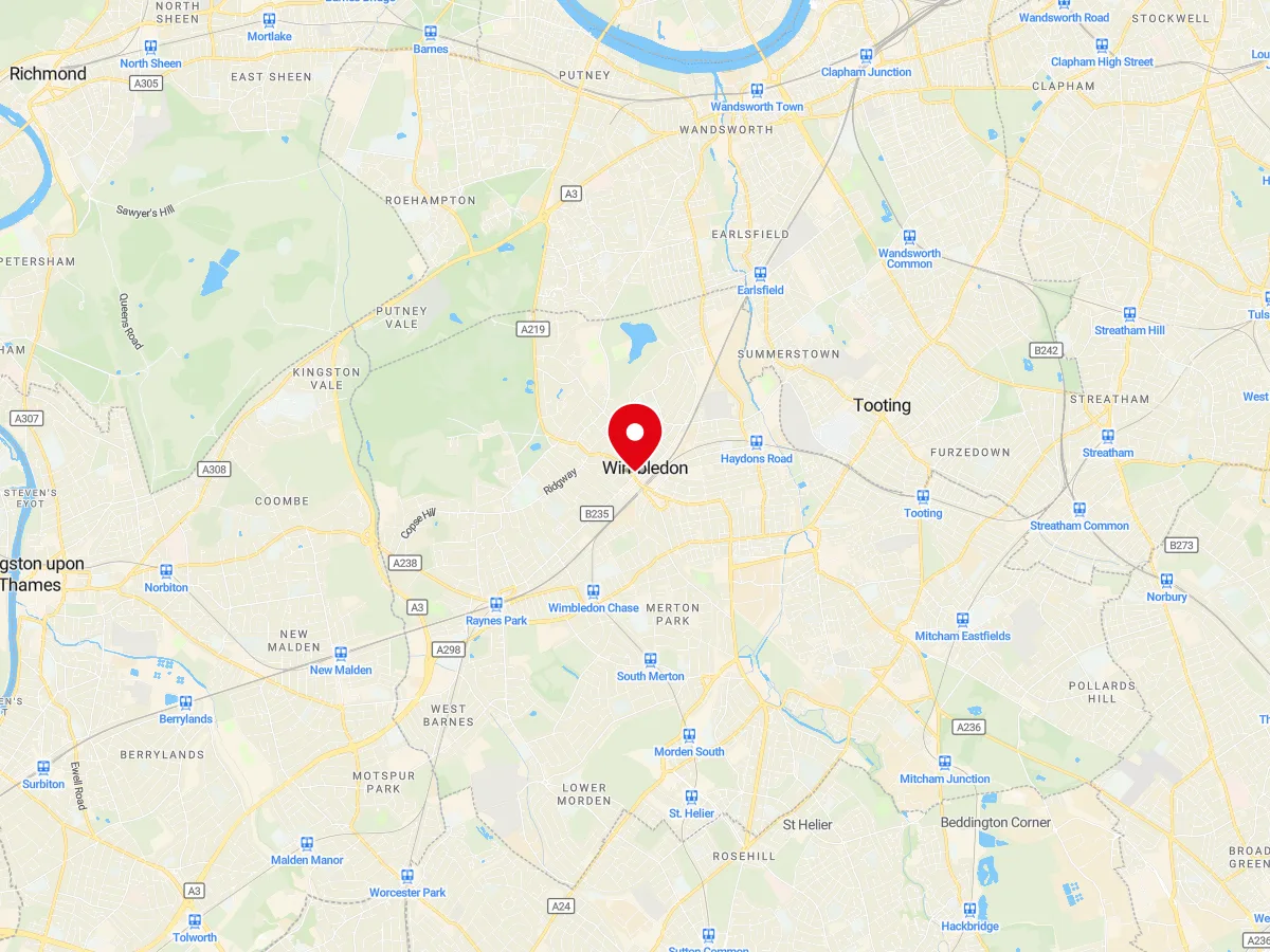 Map of Wimbledon, SW London — MyCarGlass mobile windscreen replacement and repair service area