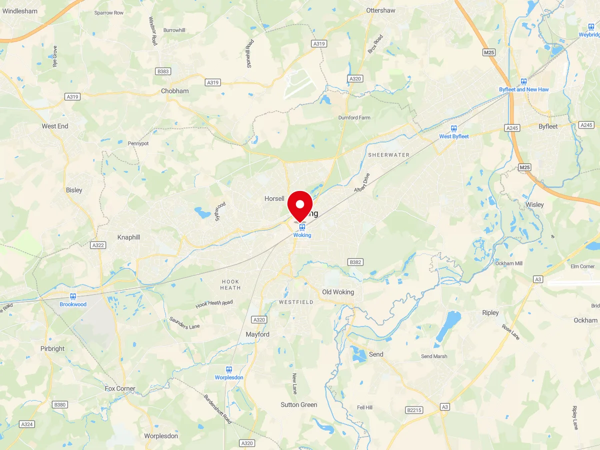 Map of Woking, Surrey — MyCarGlass mobile windscreen replacement and repair service area